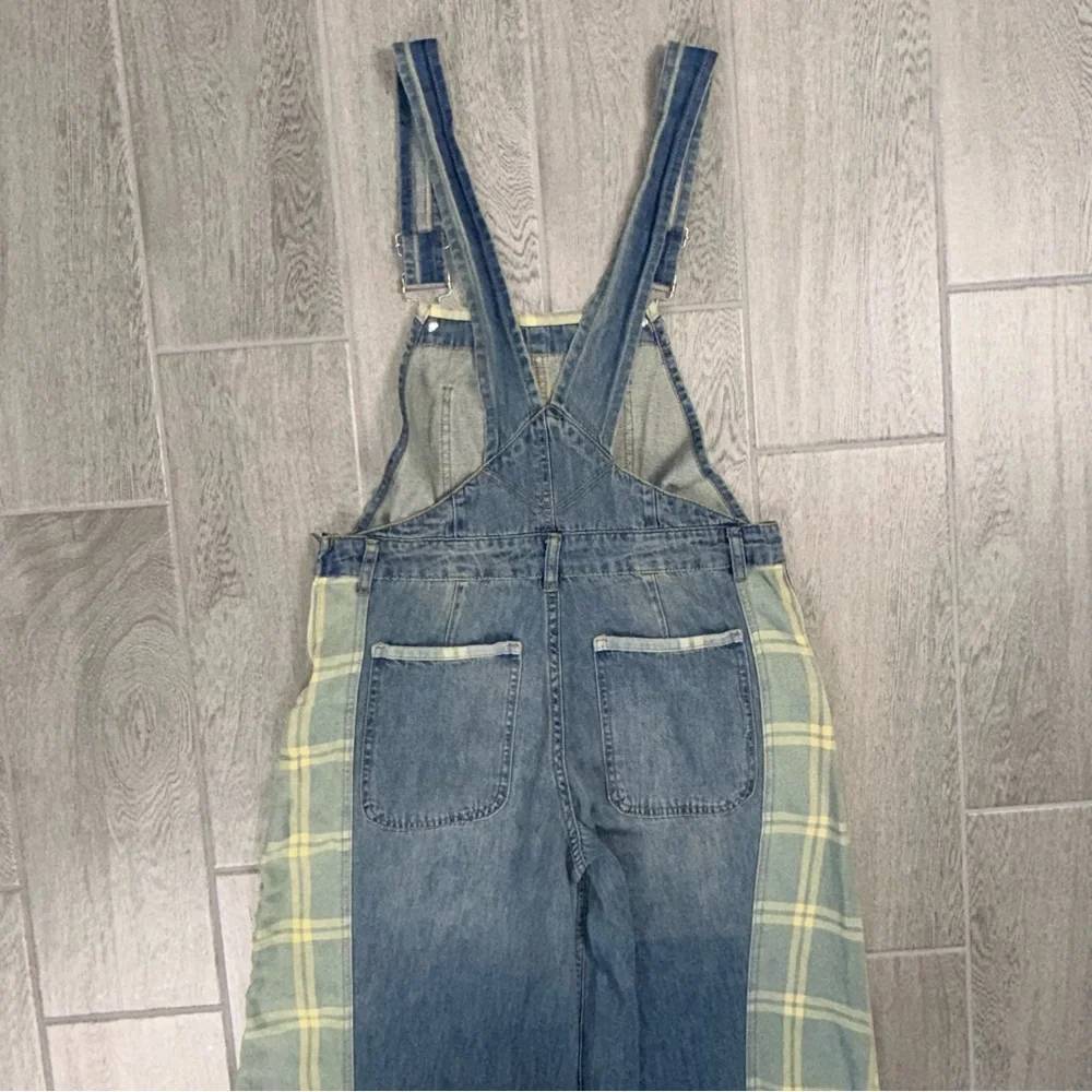 Aaron & Amber Bib Overalls Women’s Medium Blue Flare Plaid Denim Wide Leg